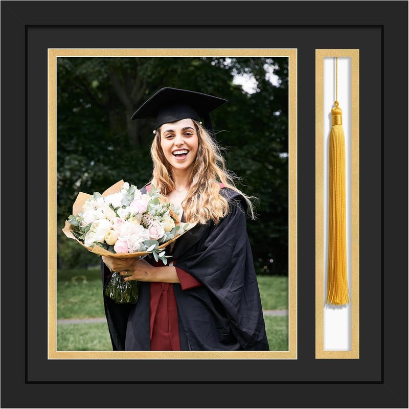 Picrit Photo Frame with Tassel Holder for 8x10 Pictures with Tempered Glass, Class of 2025 Graduation Decoration Gift, Black over Gold Mat, Wall or Tabletop Display - Image 1
